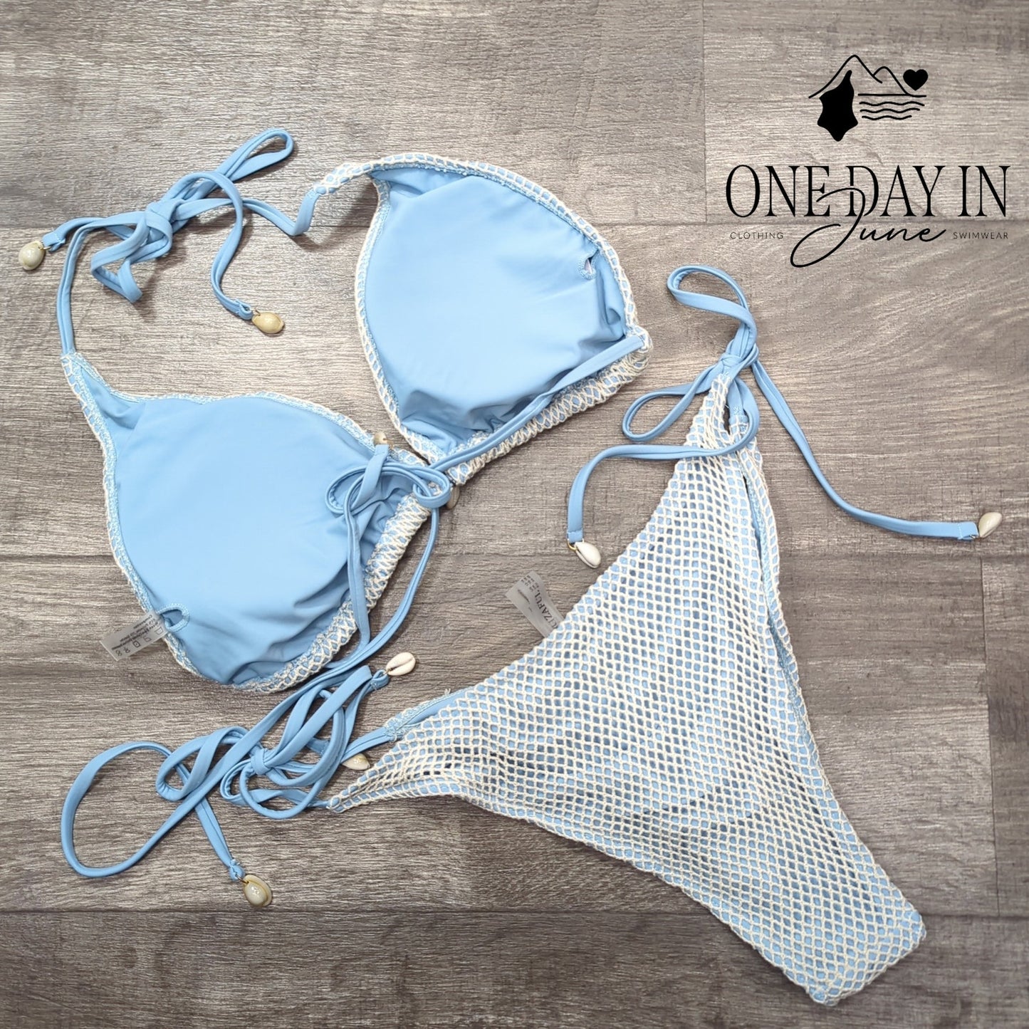 Zaful NWT Fishnet Bikini Set Light Blue Shell Tie Side High Cut Swim Size XL