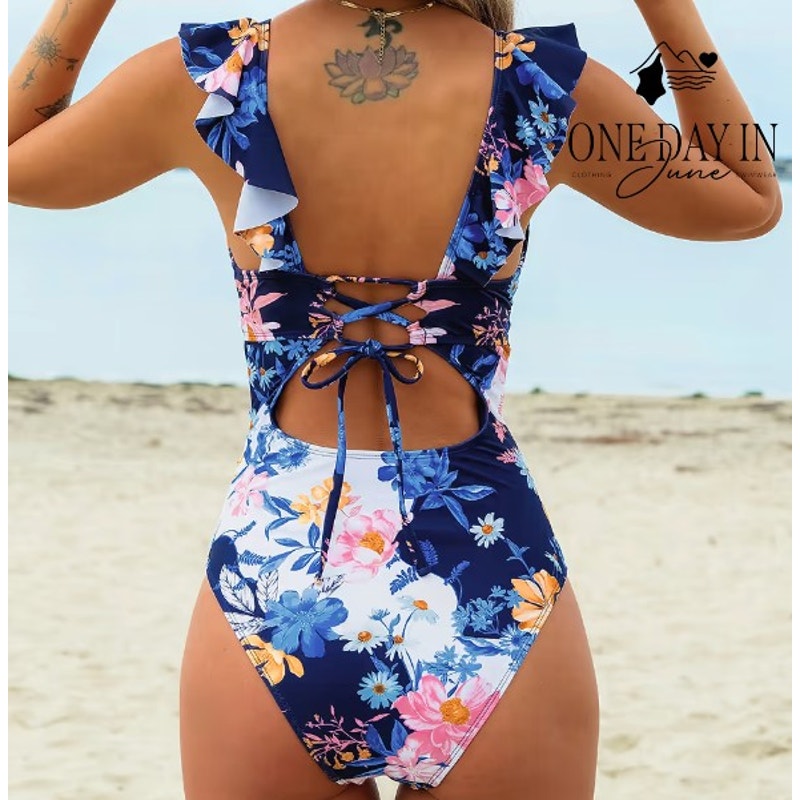 Cupshe Tie Back Ruffle Shoulder One Piece Swimsuit Size M