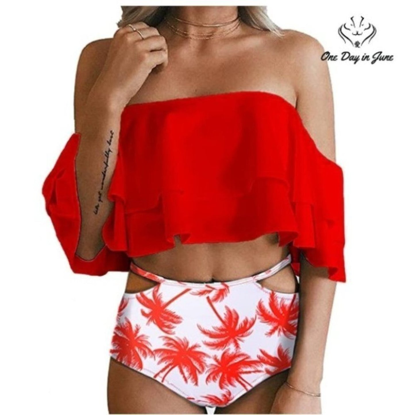 Tempt Me High Waist Off Shoulder Ruffled Bikini Size S