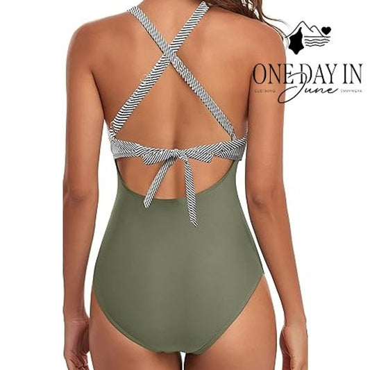 Eomenie Cross Front Cutout One Piece Swimsuit Olive Green Striped NWT Size M