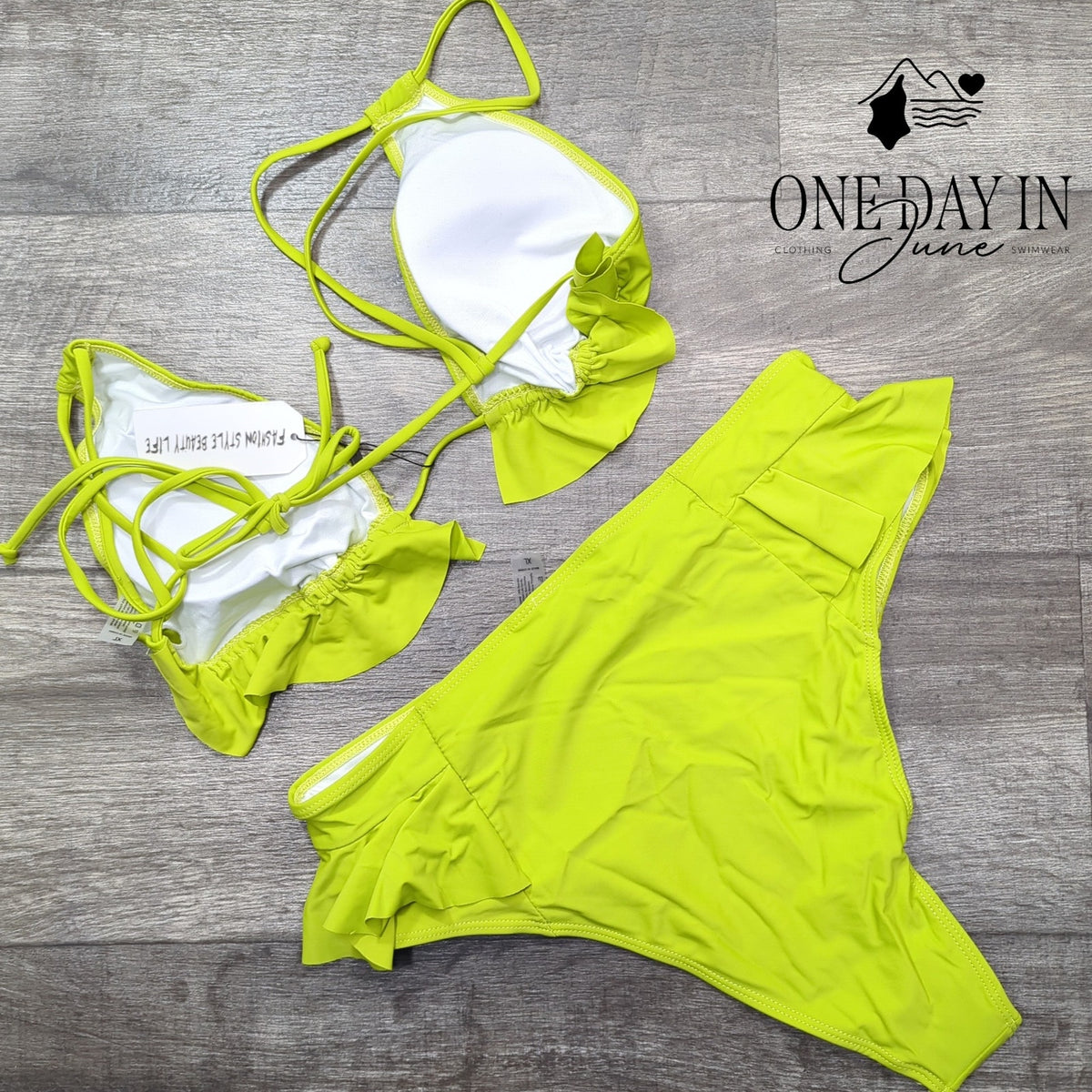 Sporlike Triangle Ruffle High Waist Bikini Swimsuit Lime Green NWT Size XL