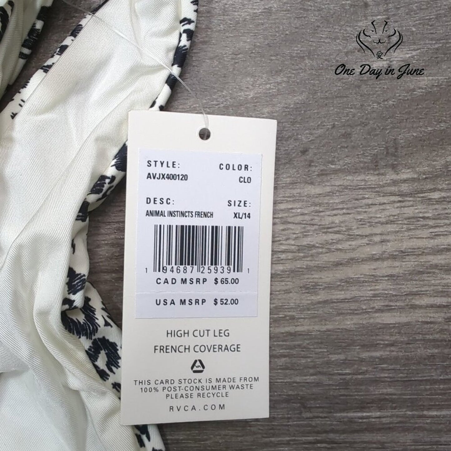 RVCA Animal Instinct French Tie Side Bikini Bottom Size XL