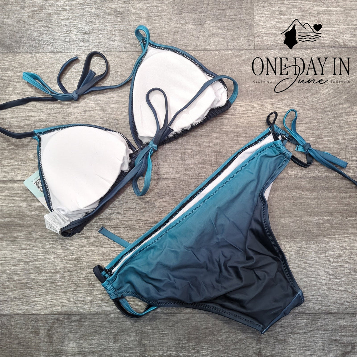 Charmo Ombre Triangle Halter Tie Side Bikini Swimsuit Teal Navy NWT Size M