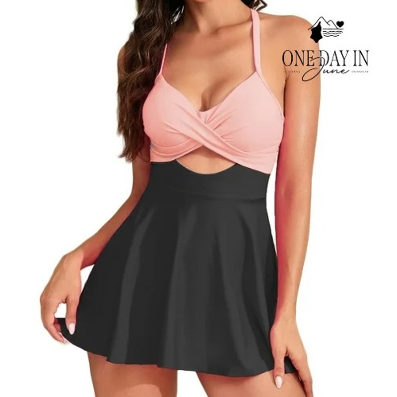 B2Prity Twist Front Cut Out Tie Back Swimdress One Piece Swimsuit Size M