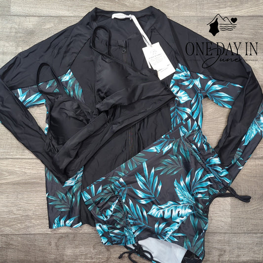 Jasambac Cross Front High Waist Rash Guard 3 Piece Bikini Swimsuit Size L