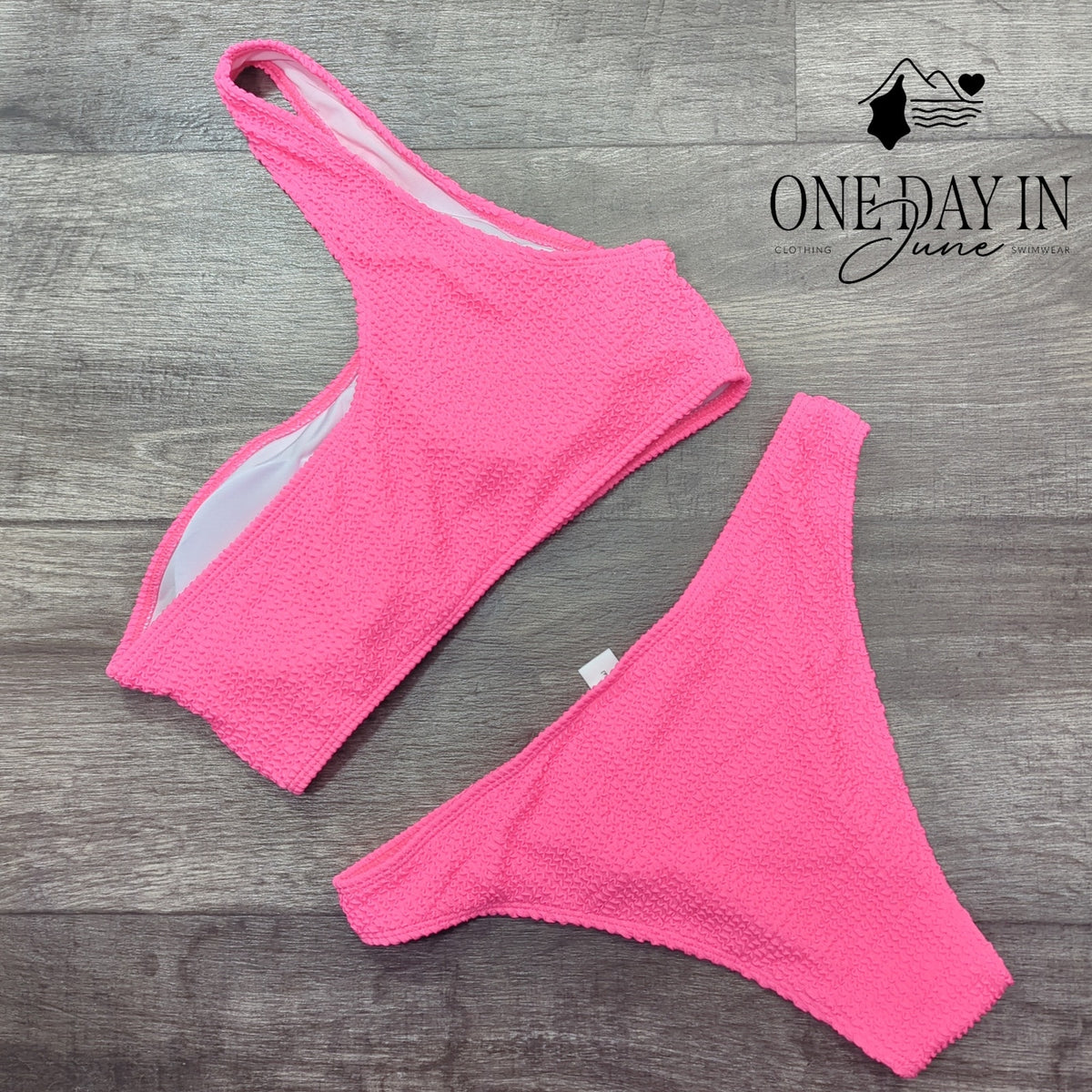 CharmLeaks Smocked One Shoulder Bikini Swimsuit Hot Pink Two Piece Size L