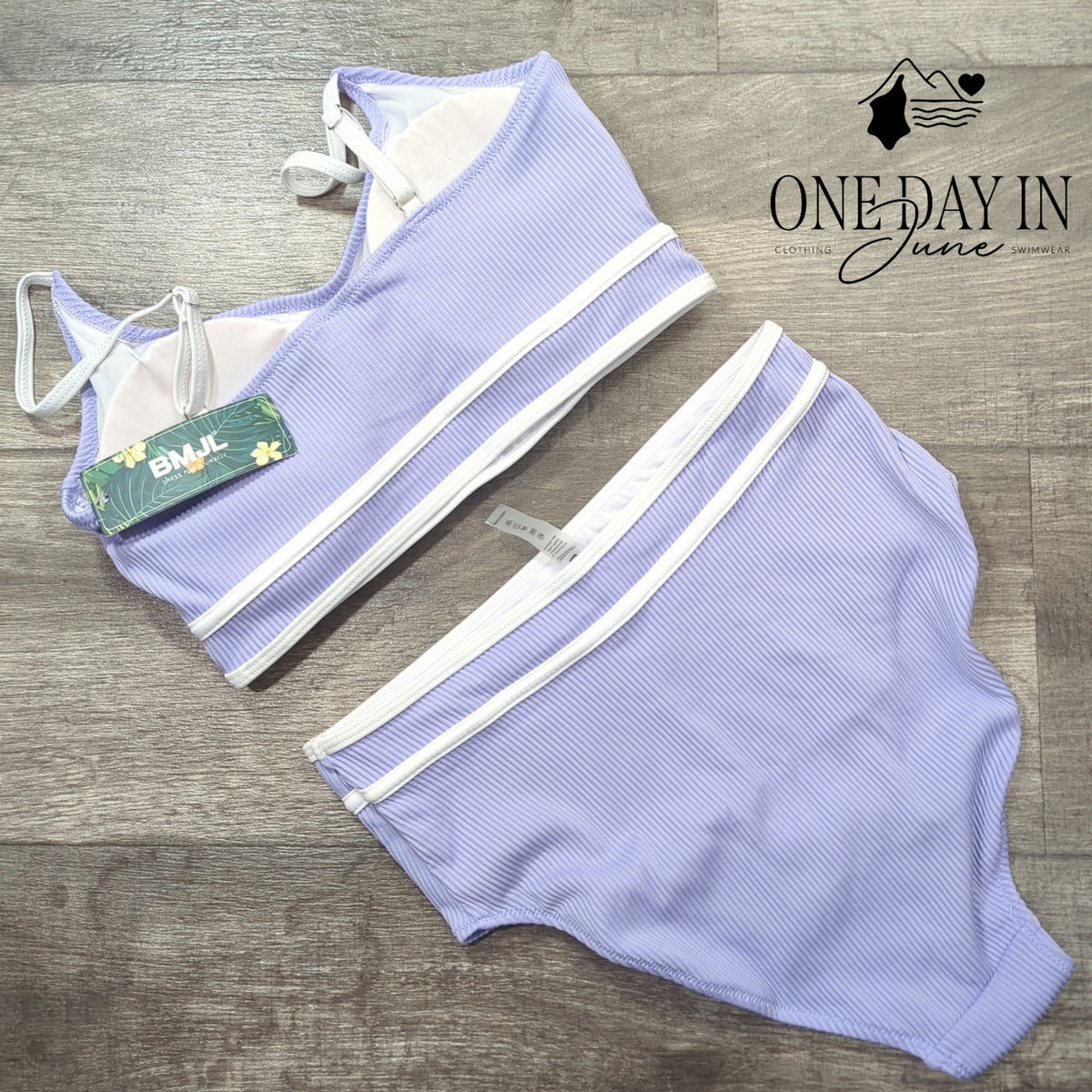 Blooming Jelly Ribbed High Waisted Bikini Swimsuit Lavender Trim NWT Size M