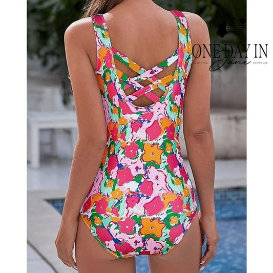 Aleumdr Floral Cage Back One Piece Swimsuit Size XL