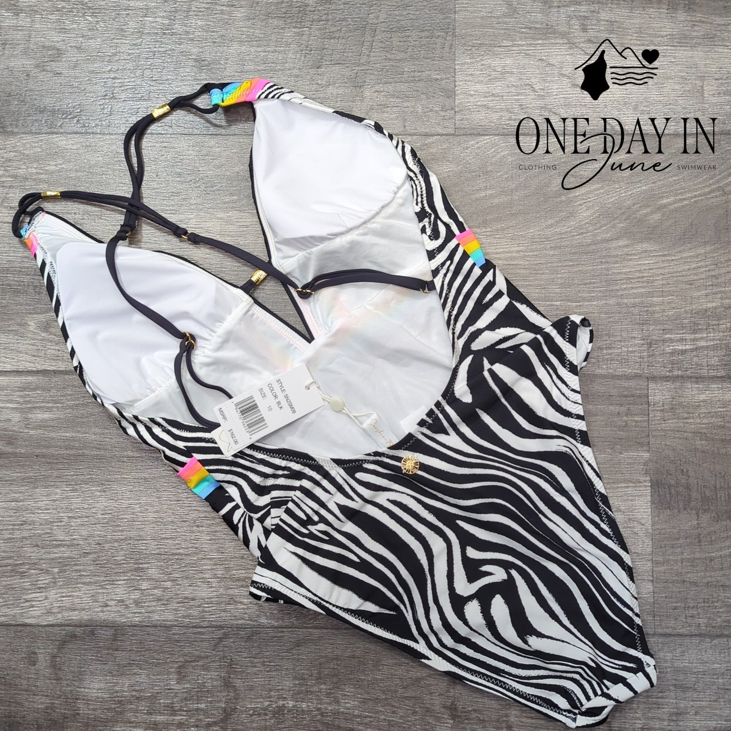 Sunshine 79 Deep V Plunge Zebra Rainbow One Piece Swimsuit NWT $162 Size 10