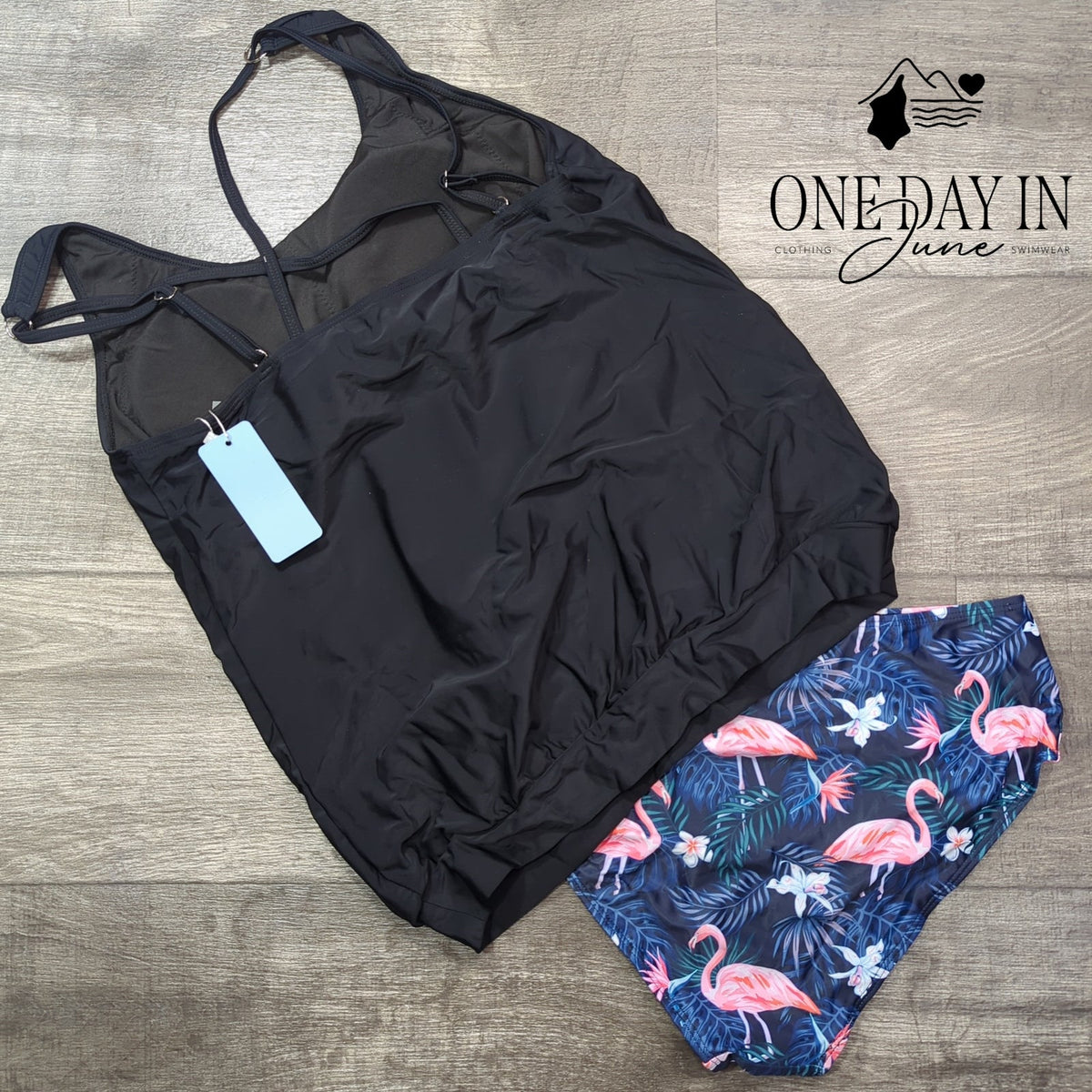 Yonique Blouson Tankini Swimsuit Black Flamingo Print NWT Size L