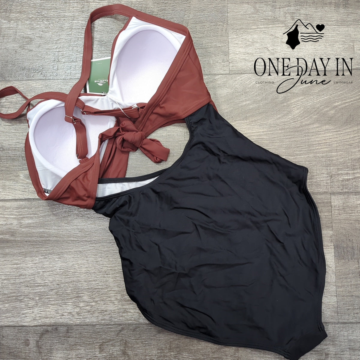 Eomenie Cross Front Cut Out One Piece Swimsuit Brown Black NWT Size S