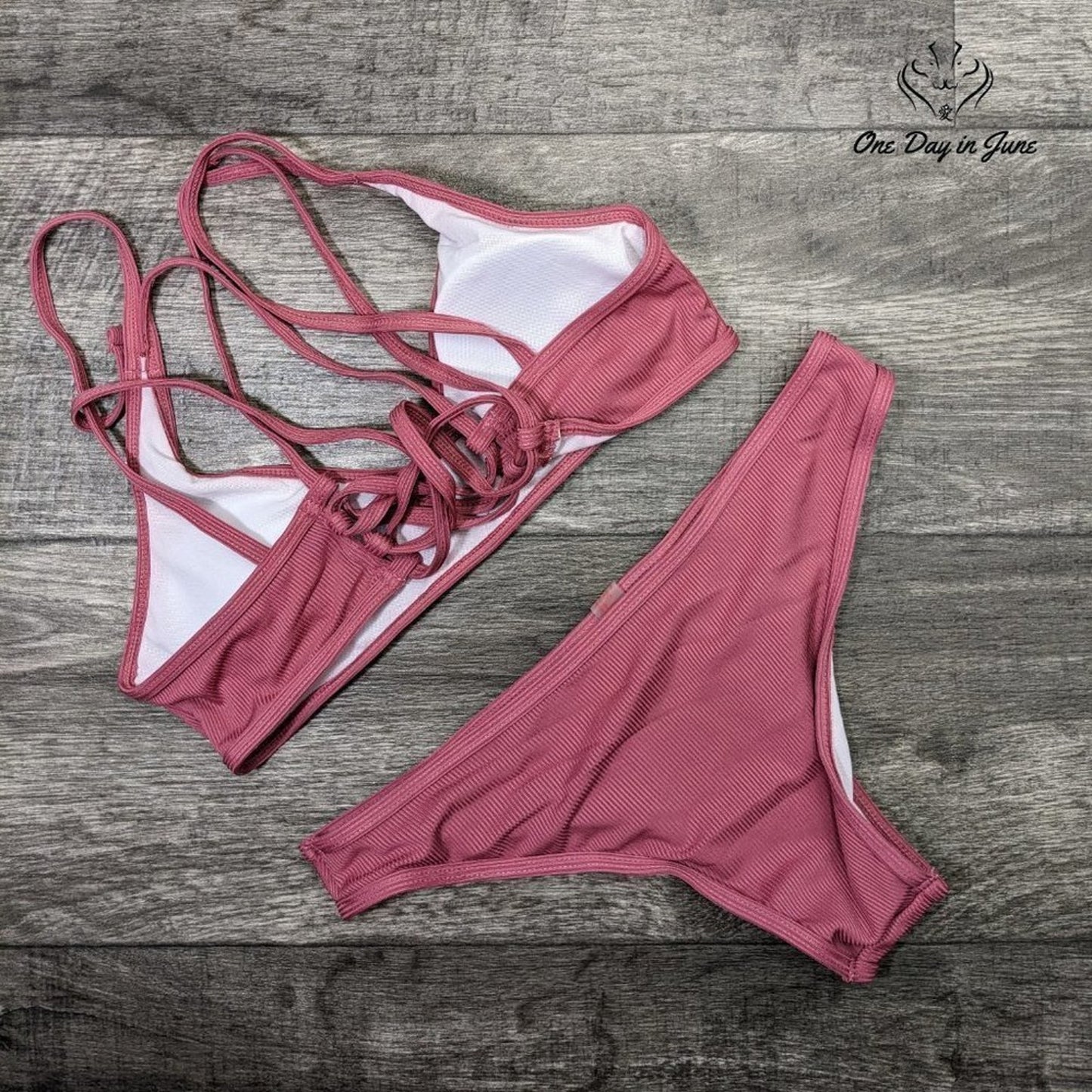 Amzbrly Lace Up Back Ribbed Bikini Swimsuit Size M