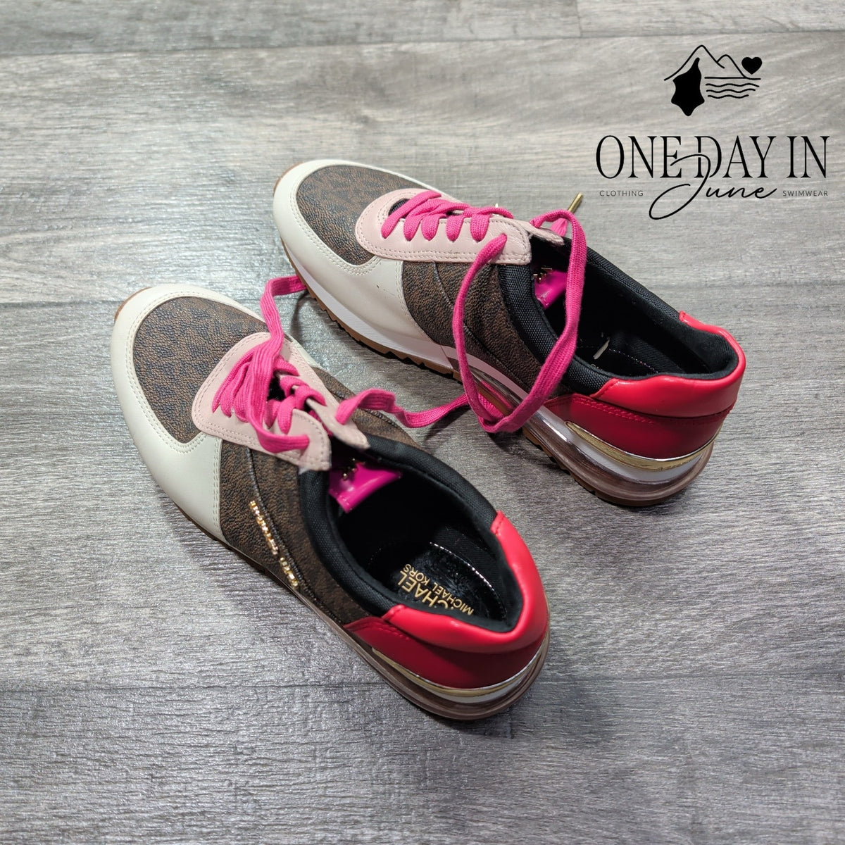 Michael Kors MK Logo Colorblock Sneakers Brown Pink Size 6.5