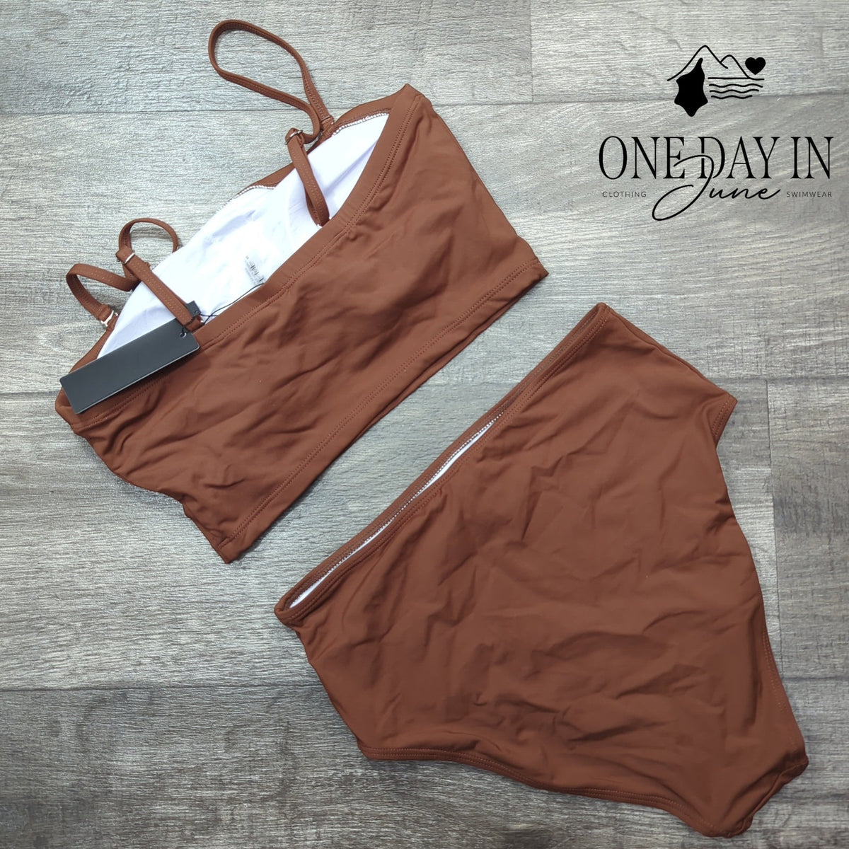 Tempt Me High Waisted Bandeau Bikini Swimsuit Brown NWT Size S