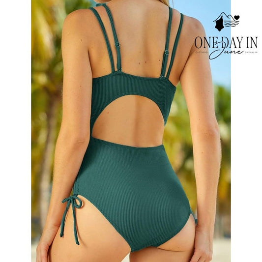 Aleumdr Ribbed Tummy Control One Piece Swimsuit Teal Ruched Cutout Back Size M