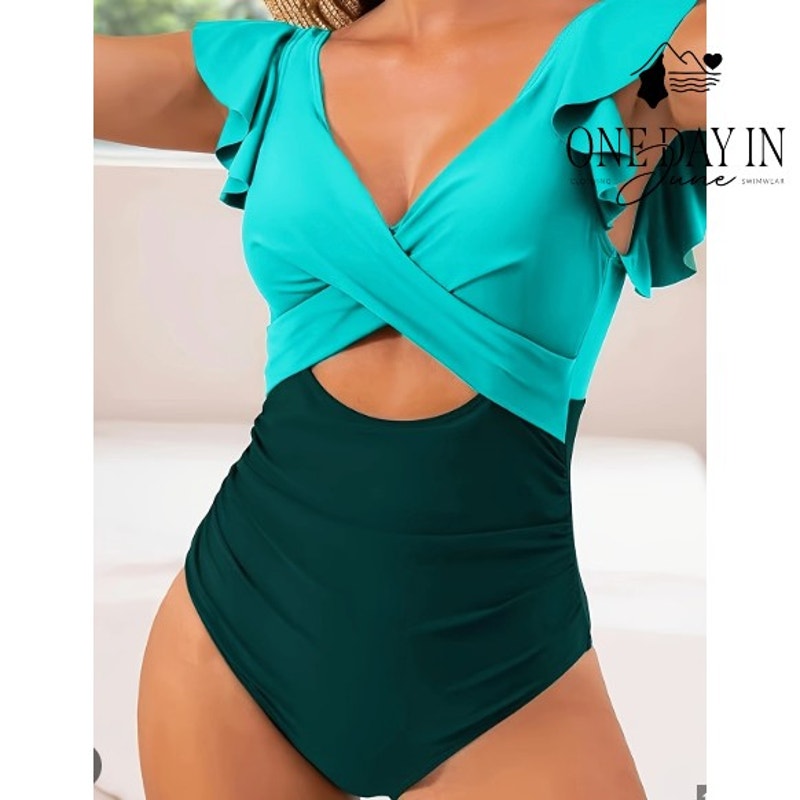 B2Prity Cross Front Cut Out Ruffle Shoulder One Piece Swimsuit Size M