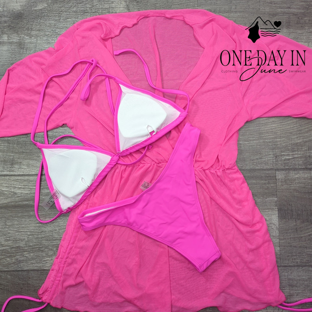 Adisputent 3 Piece Triangle Bikini Swimsuit Mesh Cover Up Hot Pink Size S