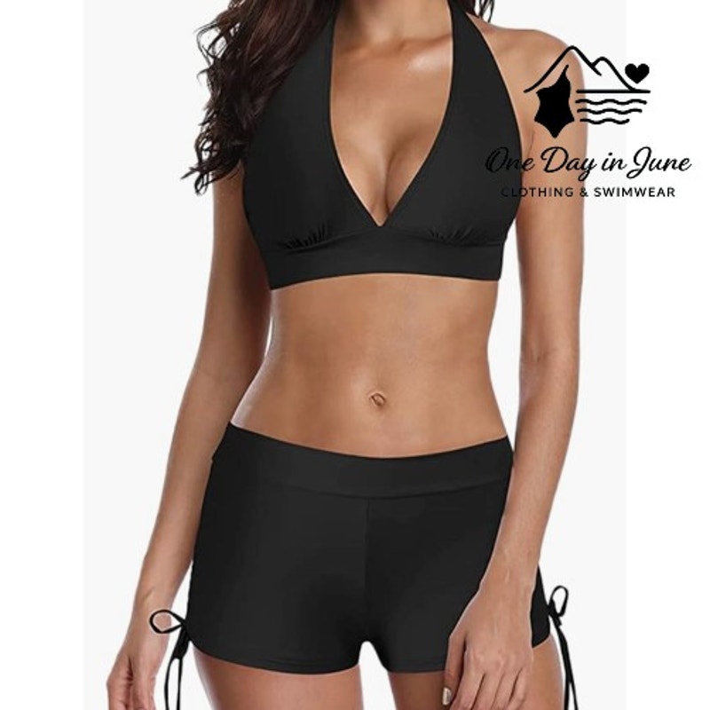 American Trends Tie Back Ruched Boy Short Bikini Swimsuit Size L