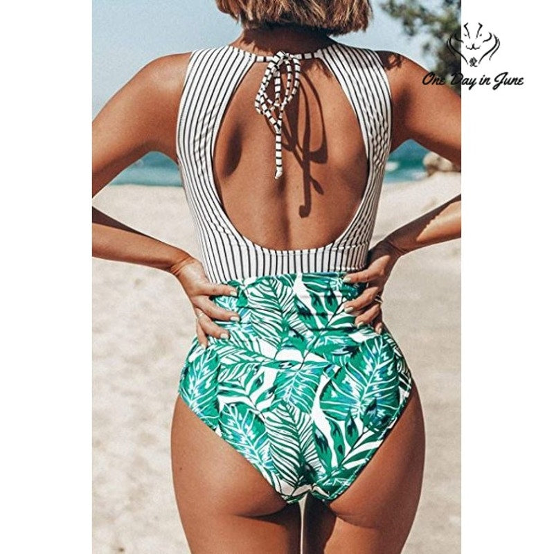 Cupshe Striped Leafy One Piece Swimsuit Size XS