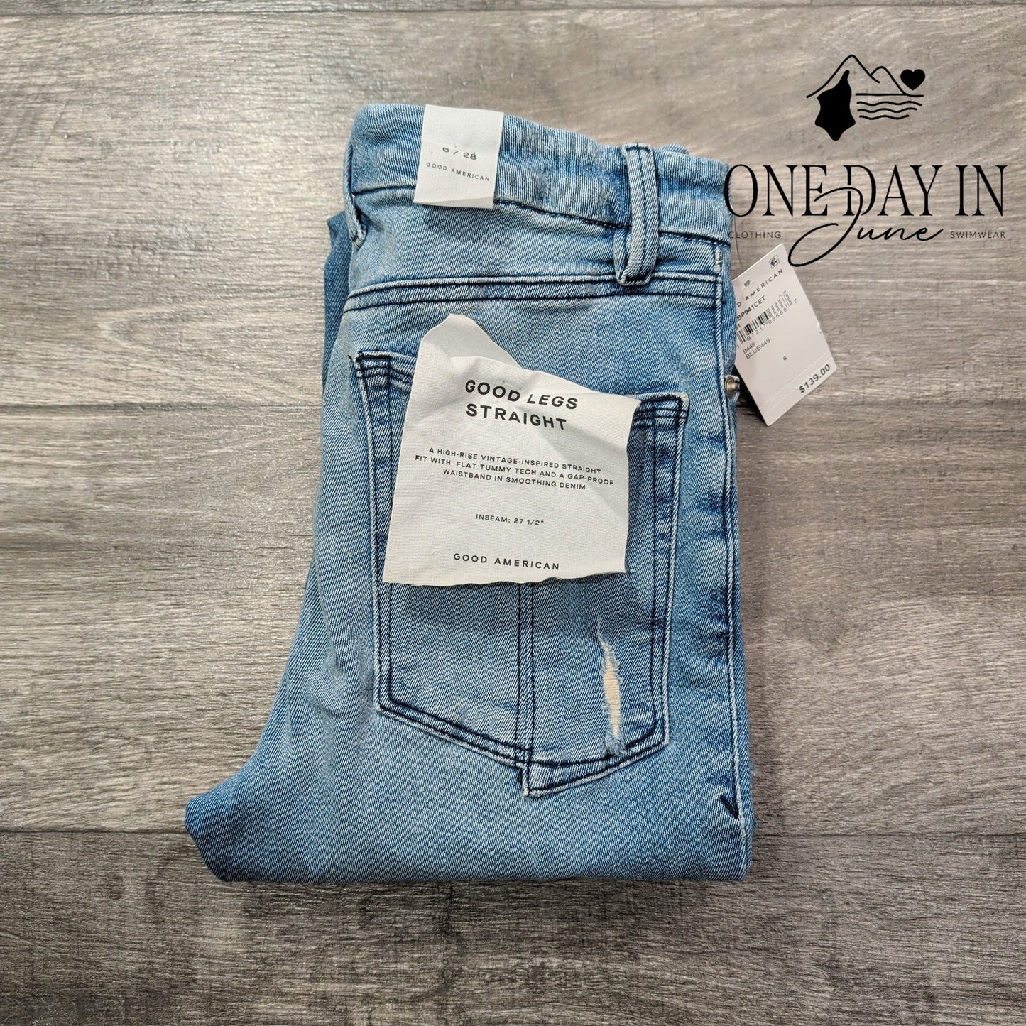 Good American Good Legs Straight Jeans Blue449 Raw Hem NWT $139 Size 6 (28)