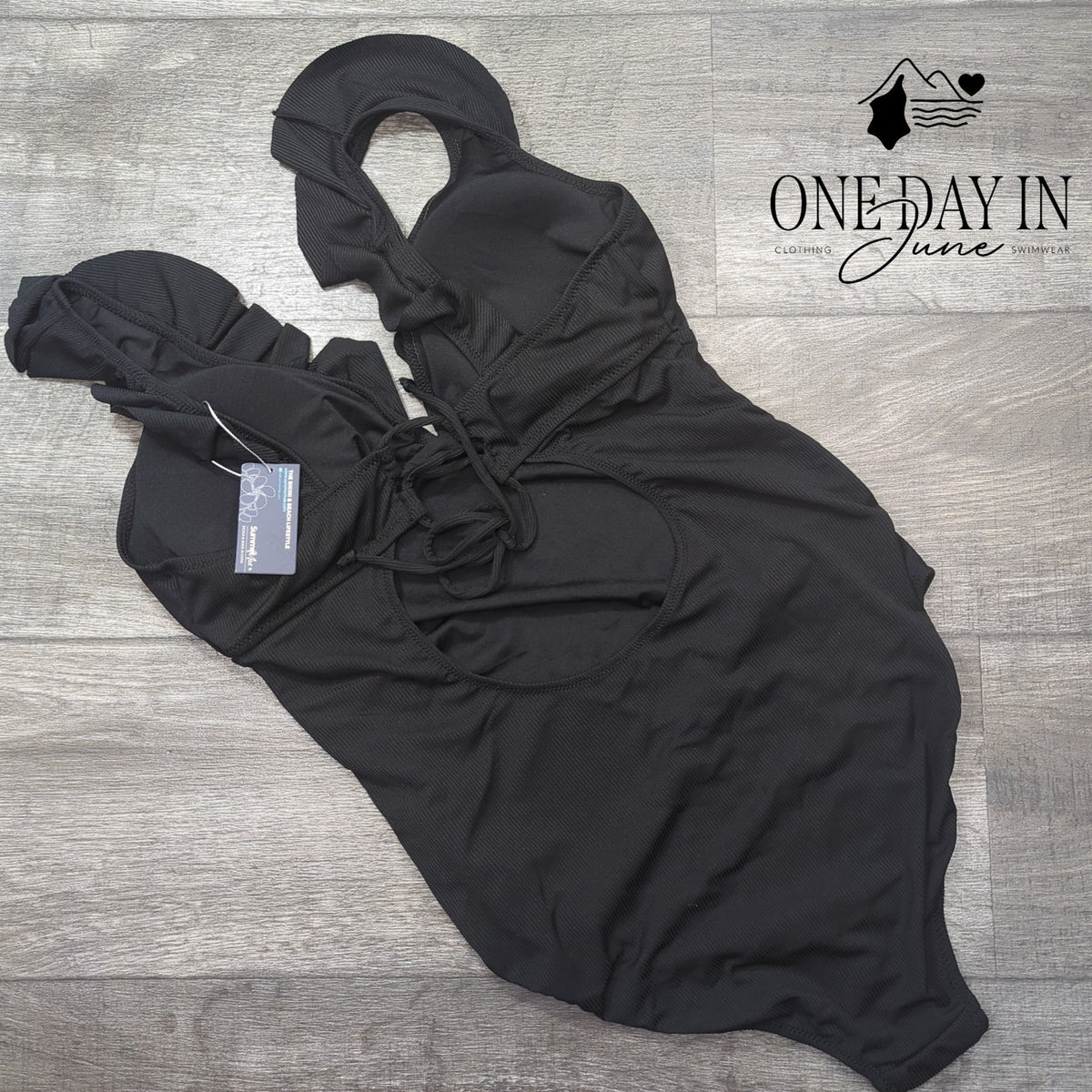 Summermae Maternity Ruffle Ribbed One Piece Swimsuit Black NWT Size L