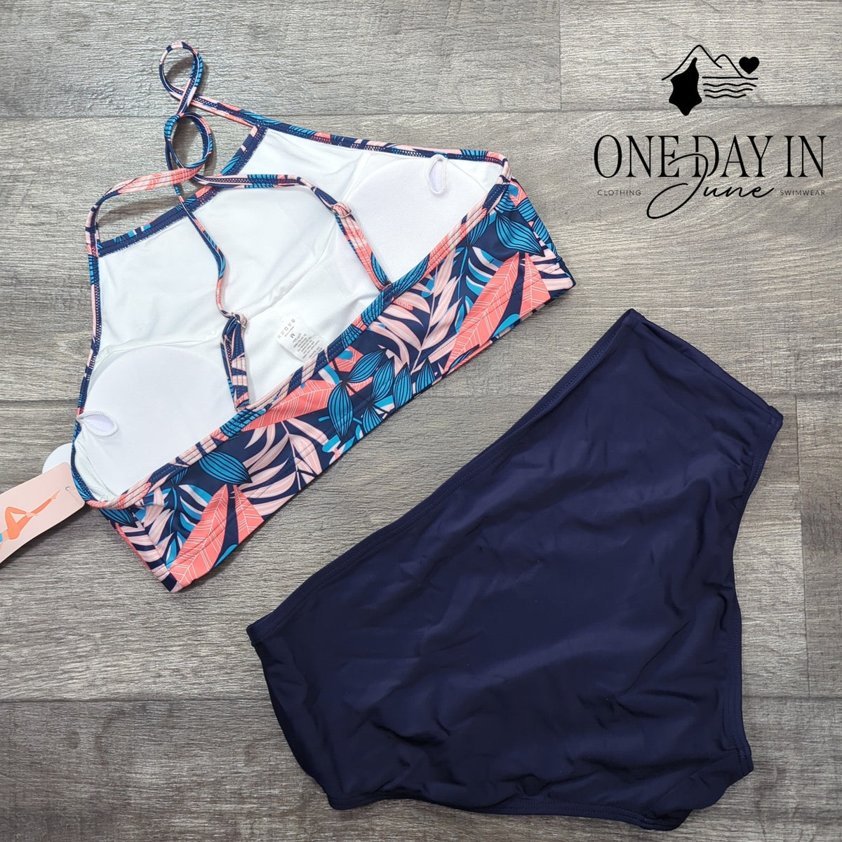 Charmo High Neck Tropical Leaf Bikini Swimsuit Navy NWT UPF 50+ Size M