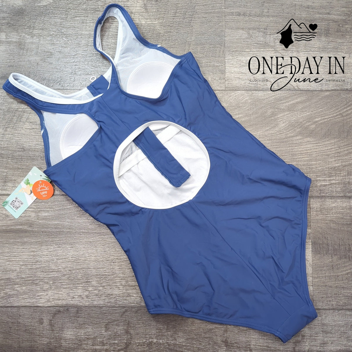 Charmo Front Racerback Athletic One Piece Swimsuit Blue White UPF 50+ NWT Size M