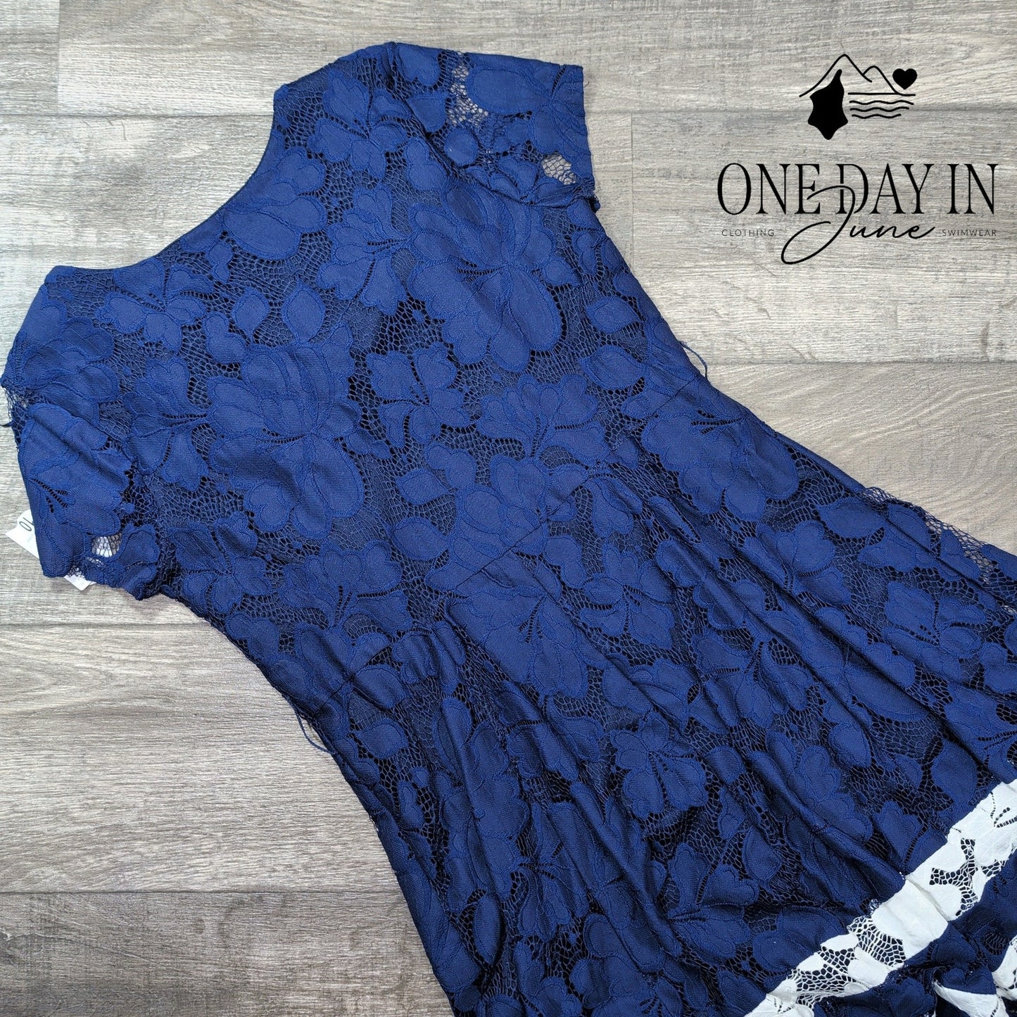 Signature by Robbie Bee Floral Lace Fit Flare Dress Navy Ivory NWT Size 10