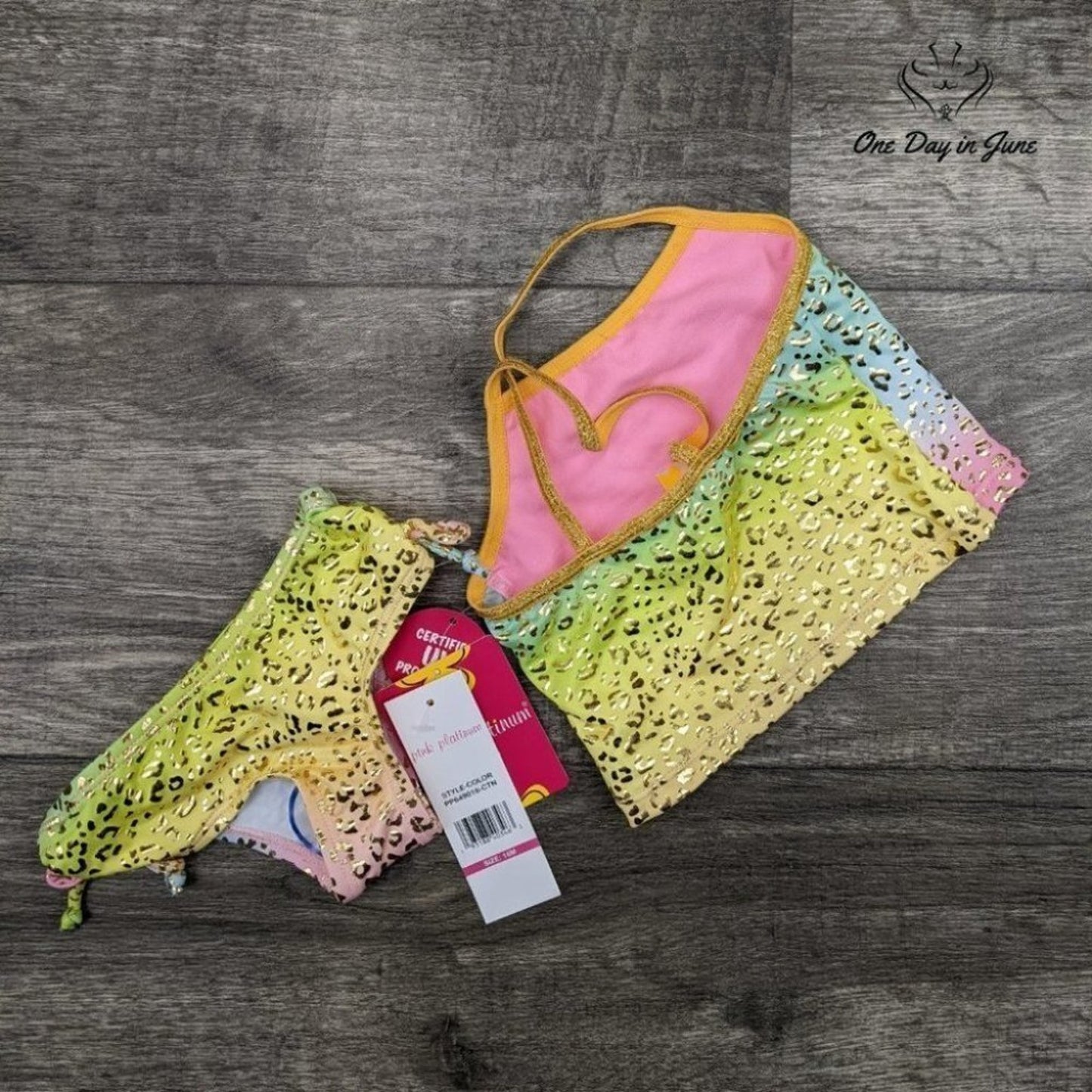 Pink Platinum Gold Foil Cheetah Print Bikini Swimsuit Size 18M