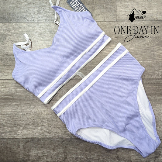 Blooming Jelly Ribbed High Waisted Bikini Swimsuit Lavender Trim NWT Size M