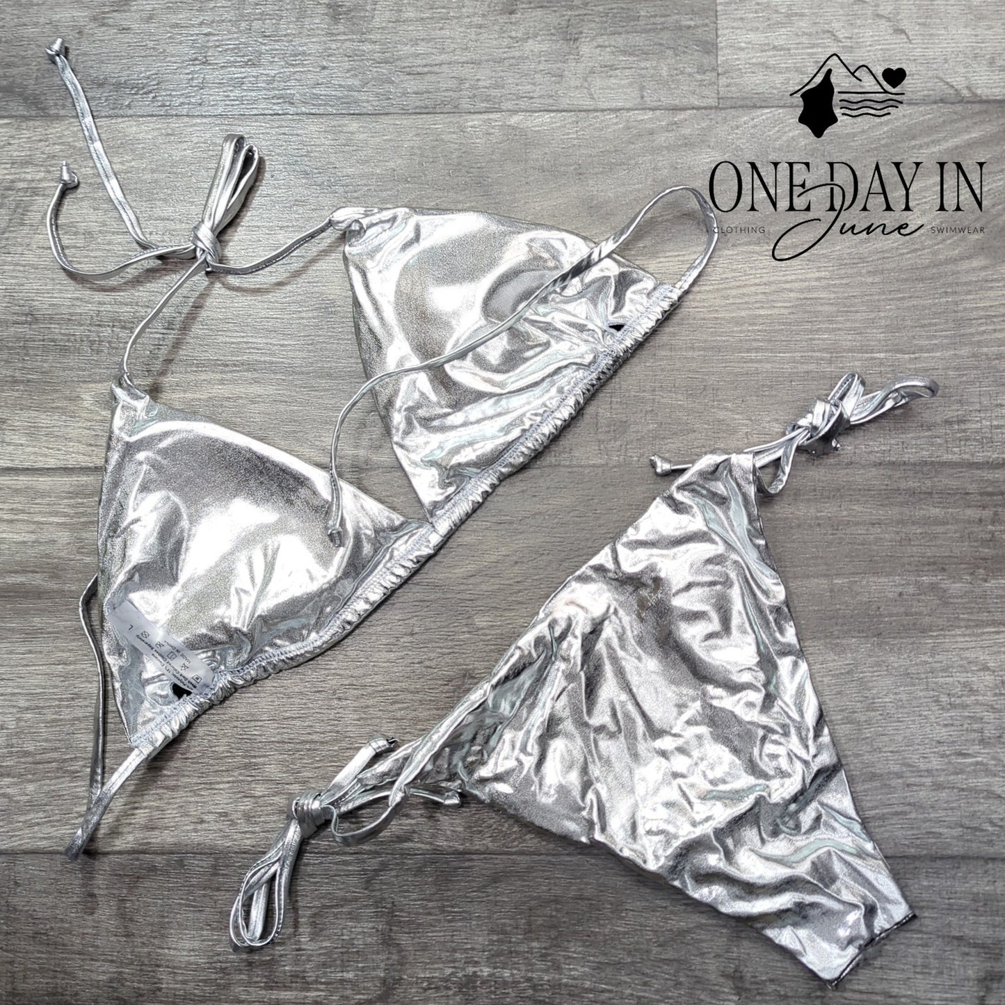 Adisputent Silver Halter Tie Side Bikini Swimsuit Size L