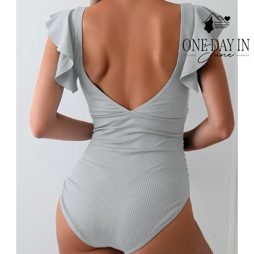 B2Prity Ribbed Ruffle Shoulder Cross Front Cut Out One Piece Swimsuit Size M