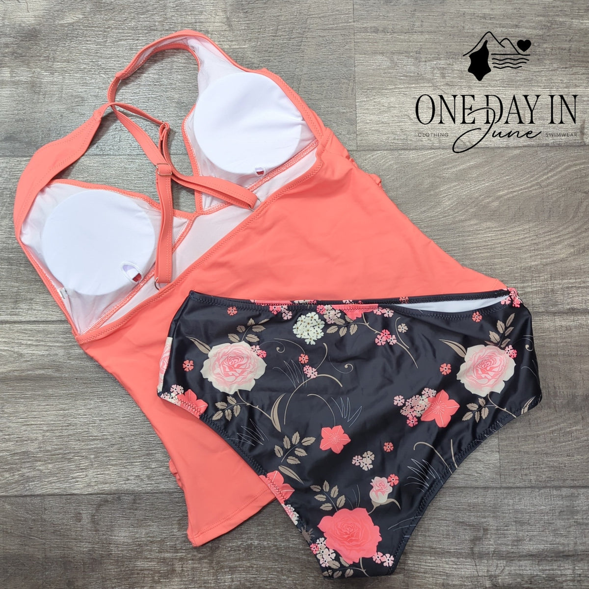 Beachsissi V Neck Ruched Tankini High Waist Floral Swimsuit Coral NWT Size XL