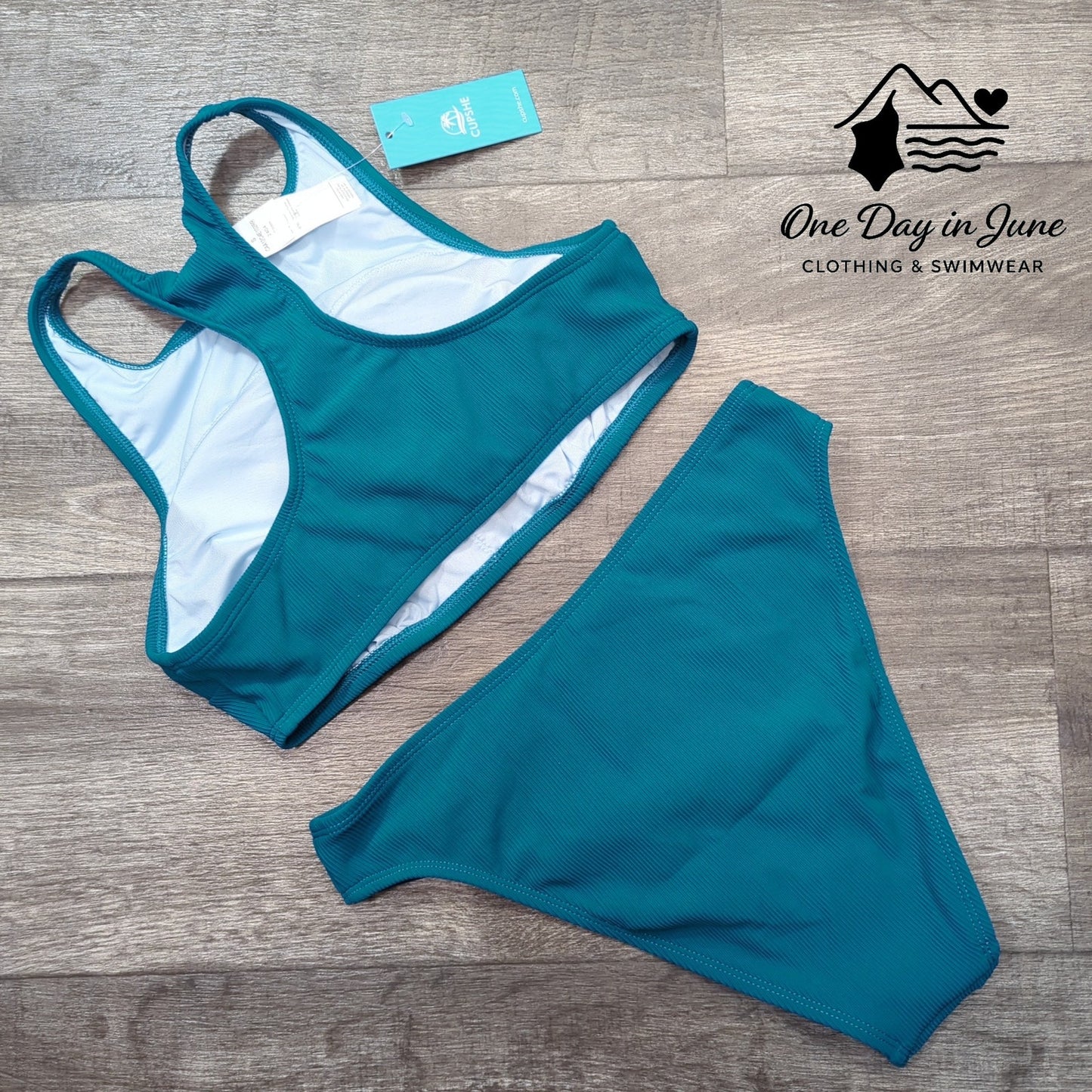 Cupshe Bikini Teal Ribbed High Neck Racerback Two Piece Swimsuit NWT Size S