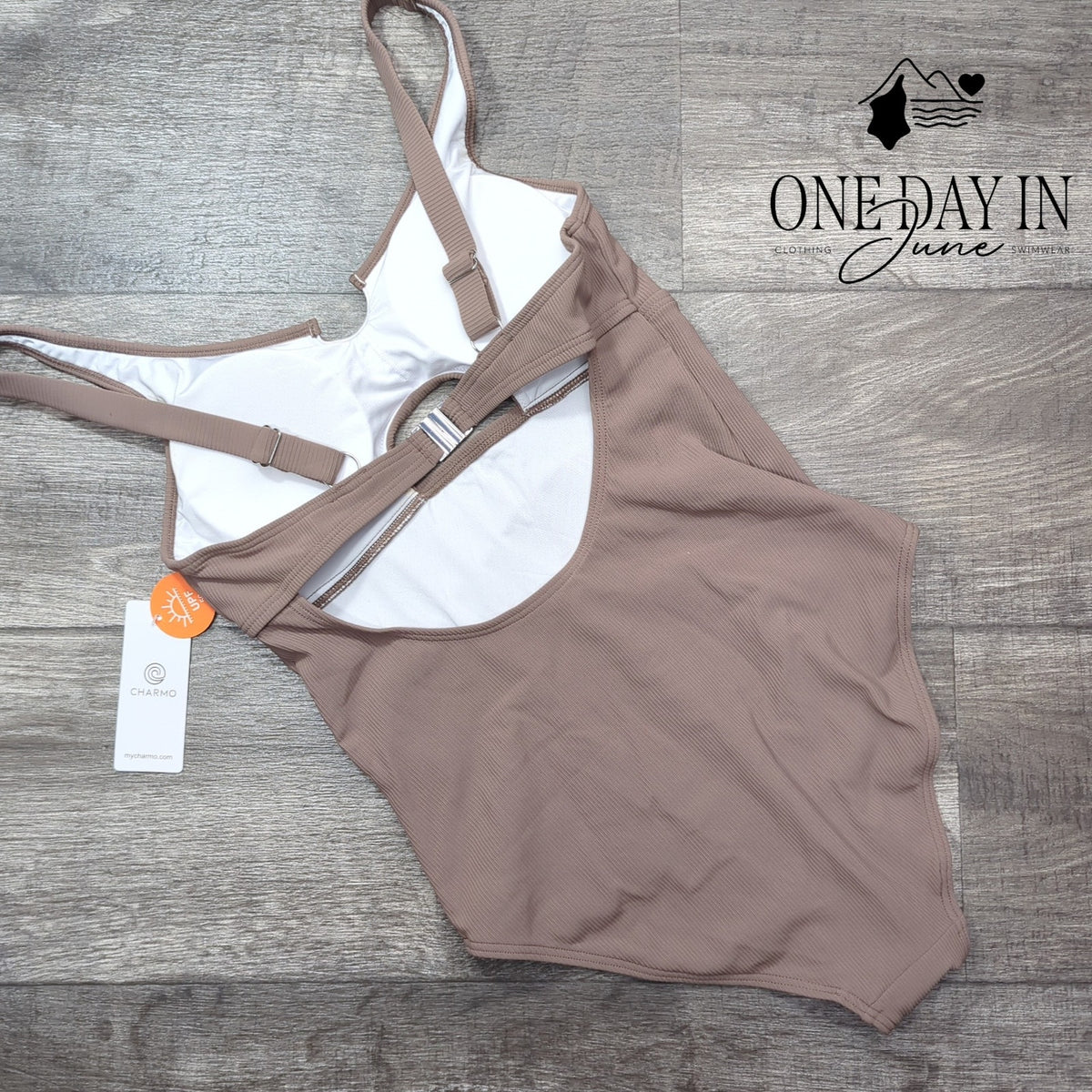 Charmo Ribbed Keyhole Cutout One Piece Swimsuit Brown Taupe NWT Size S
