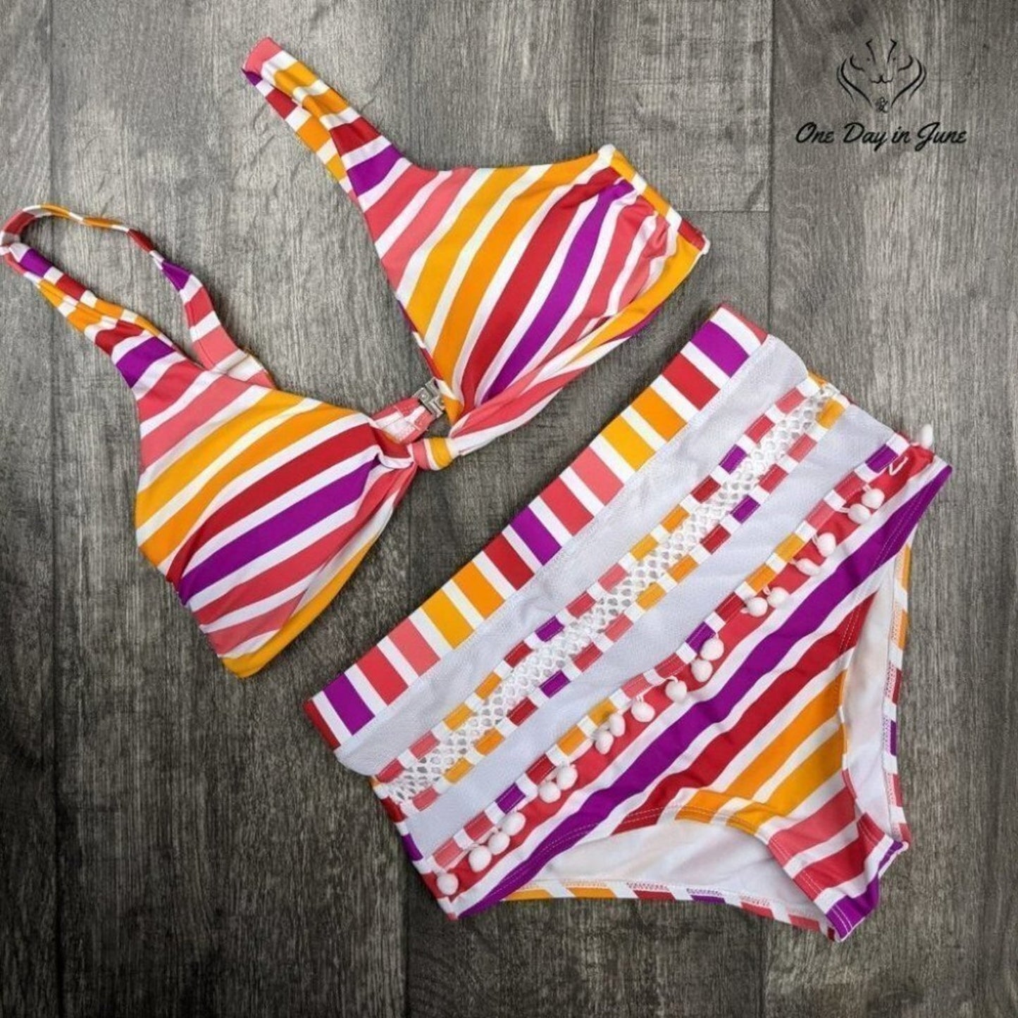 Dokotoo Striped High Waist Bikini Size M