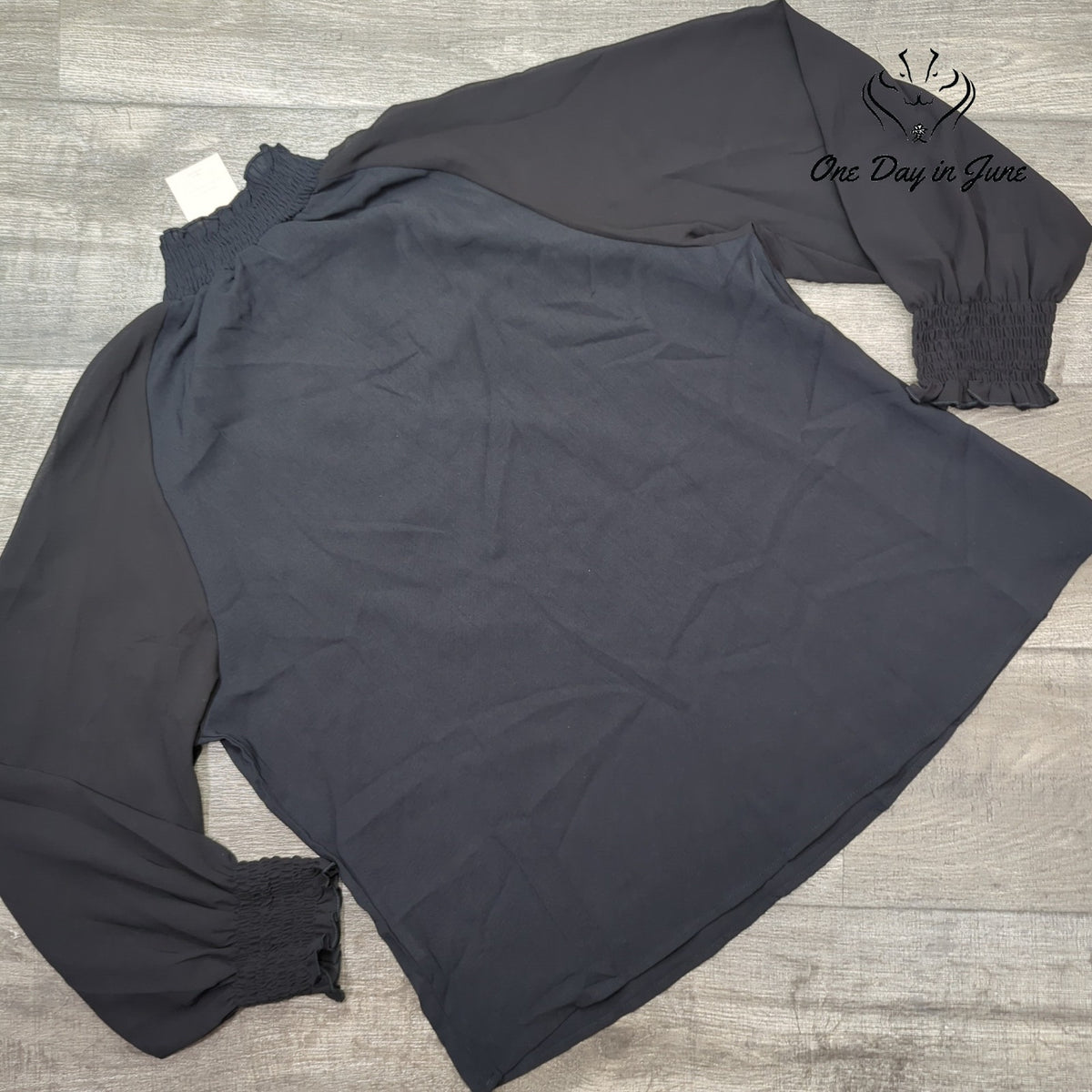 Emery Rose Sheer Blouse Black Smocked Neck Long Sleeve NWT Size 1XL
