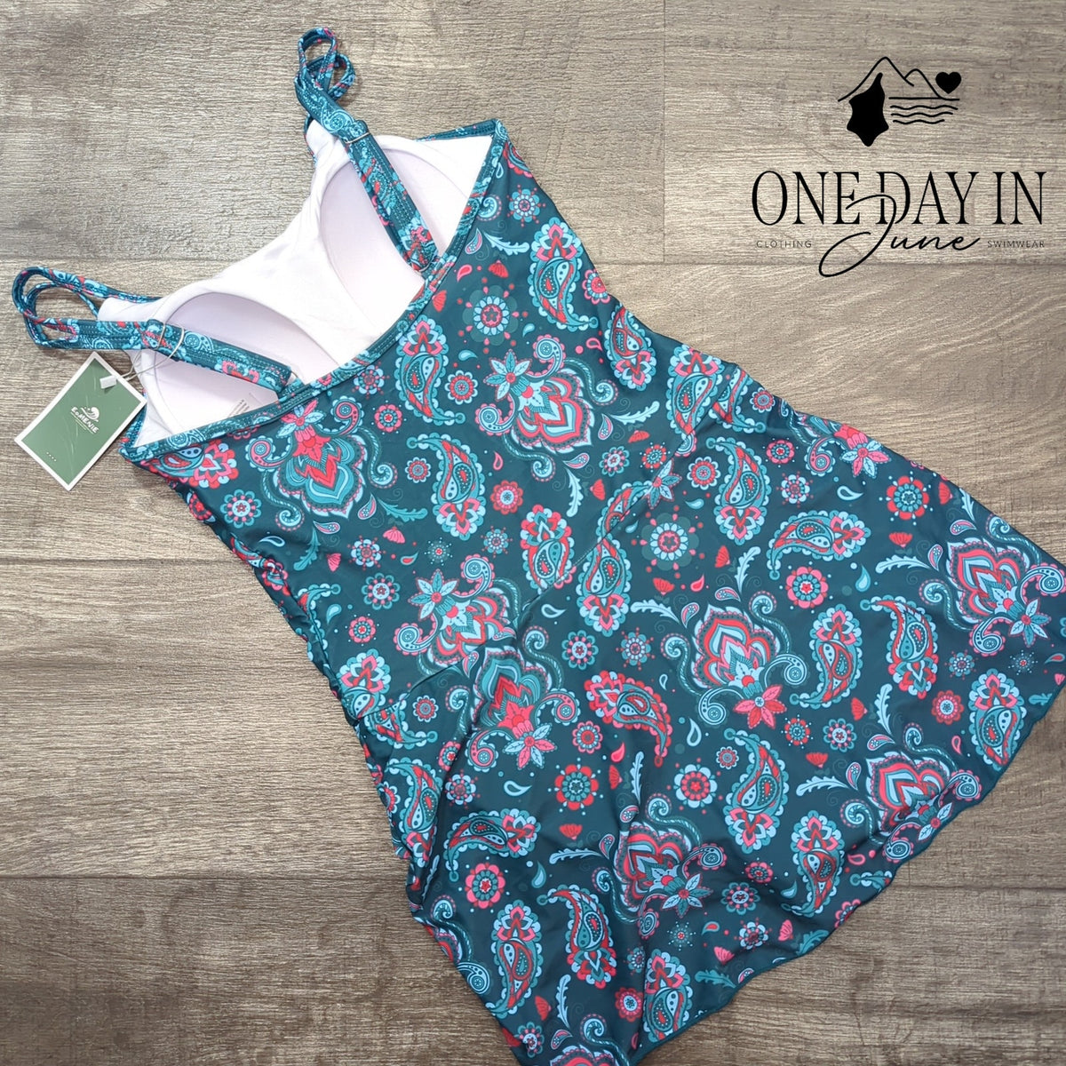 Eomenie Paisley Swimdress One Piece Swimsuit Teal Pink NWT Size S
