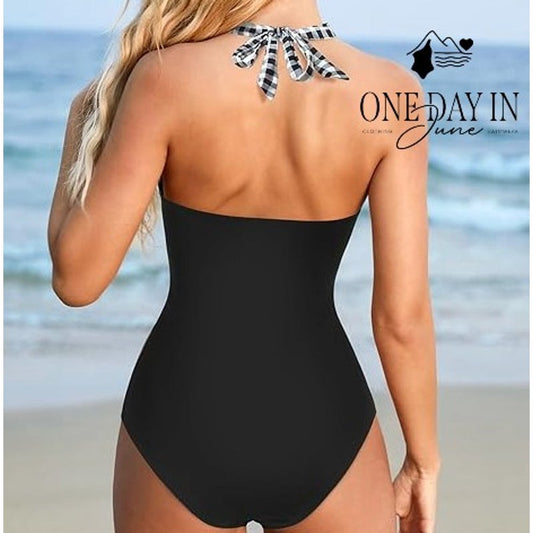 Suuksess Gingham Halter One Piece Swimsuit Black White NWT Size M