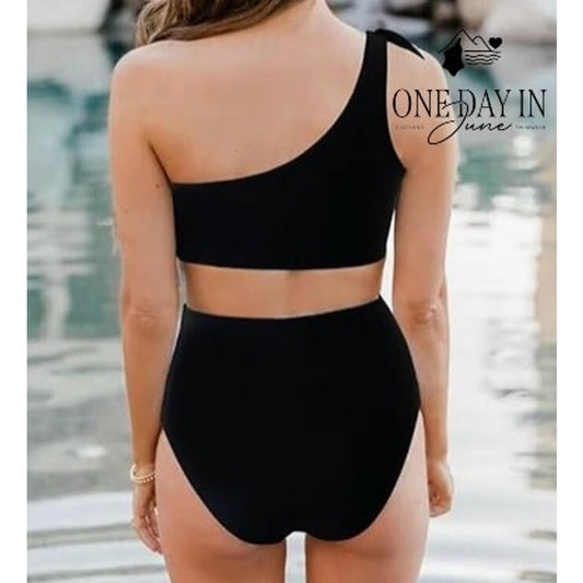Vimpunec One Shoulder Ruffle High Waist Bikini Swimsuit Black NWT Size XXL