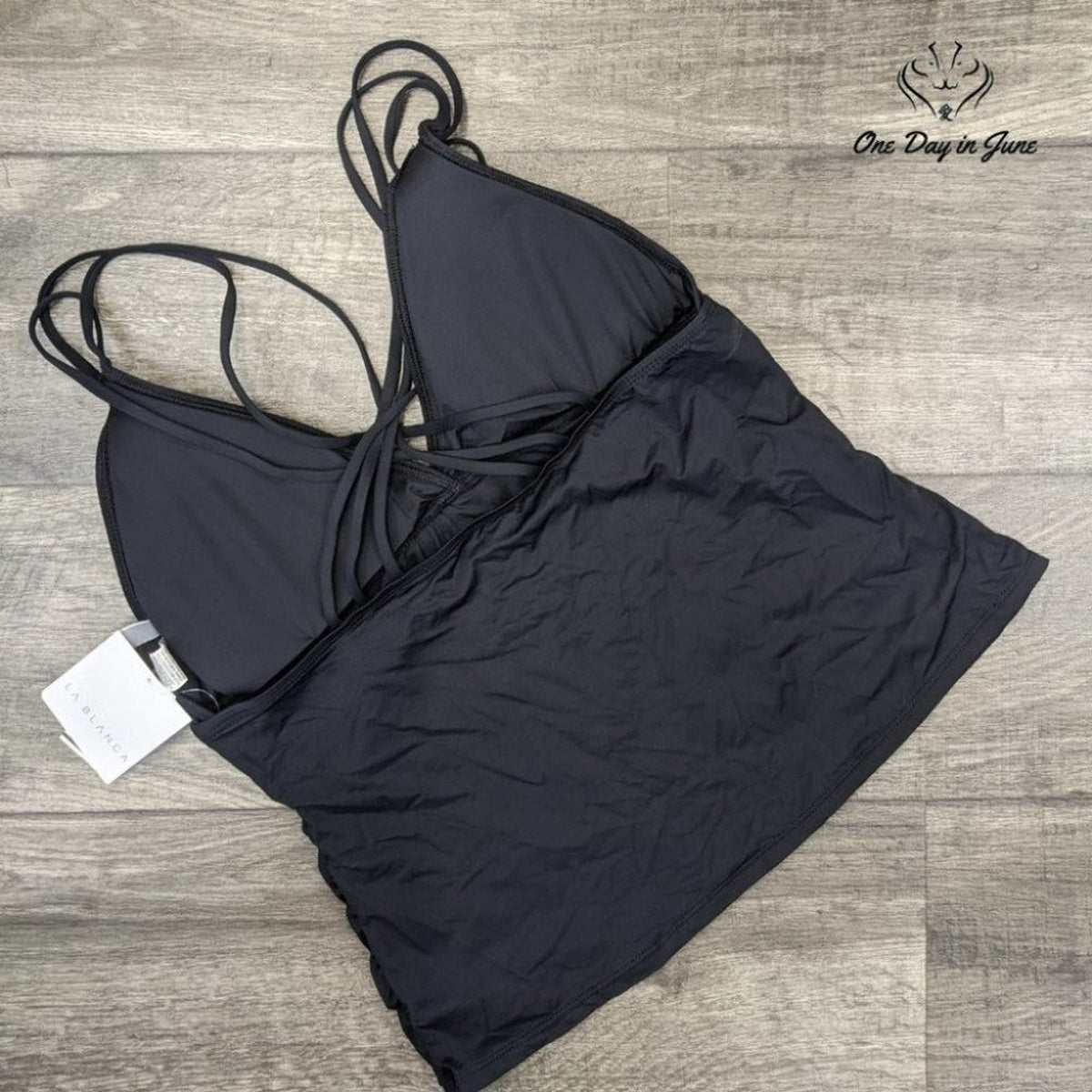 La Blanca Macrame Halterkini Tankini Swim Top Black NWT Size 16