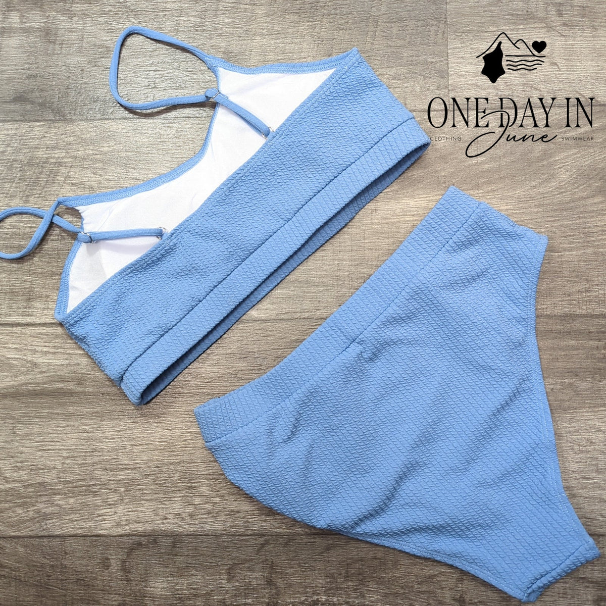 Aleumdr Textured Crop Top Bikini Swimsuit Blue High Waist 2 Piece Size L