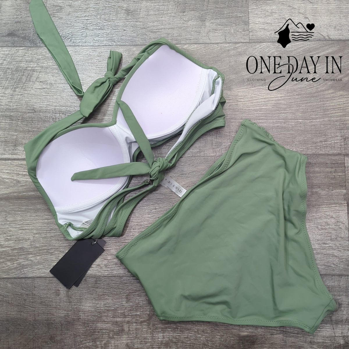 Tempt Me Cross Front High Waisted Bikini Swimsuit Sage Green NWT Size M