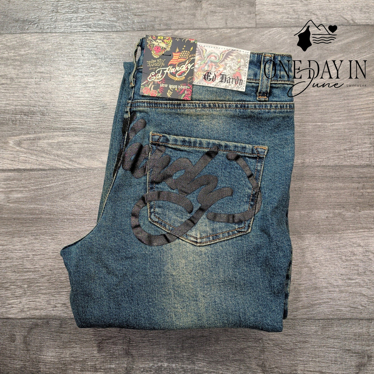 Ed Hardy Low Rise Bootcut Jeans Tattoo Mother Graphic Medium Tint NWT Size L