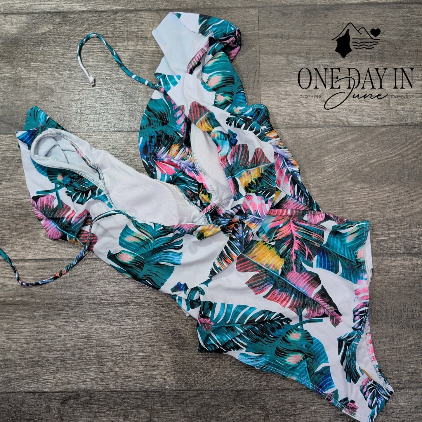 Sporlike Ruffle Shoulder Tropical One Piece Swimsuit Size S