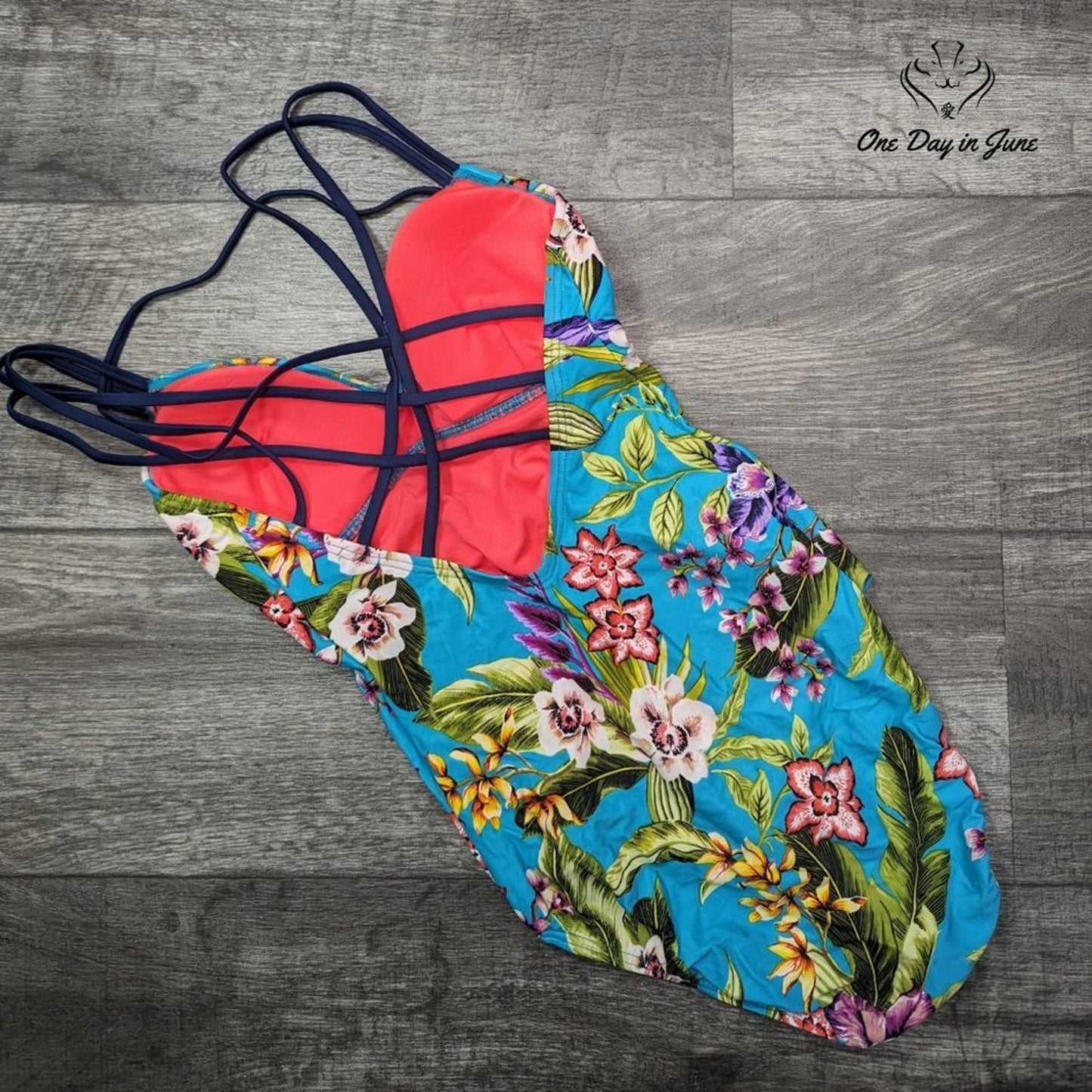 Coastal Blue Strappy Back Floral One Piece Swimsuit Size S