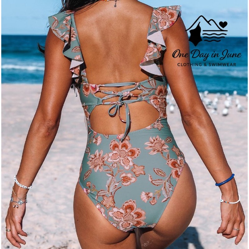 Cupshe Floral Tie Back Ruffle Shoulder One Piece Swimsuit Size M