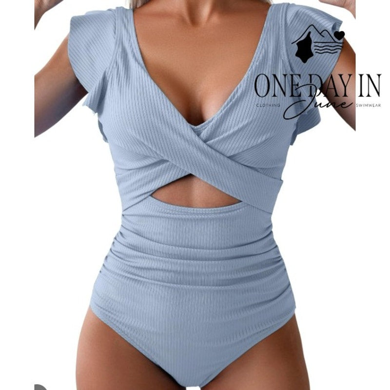 B2Prity Ribbed Ruffle Shoulder Cross Front Cut Out One Piece Swimsuit Size M