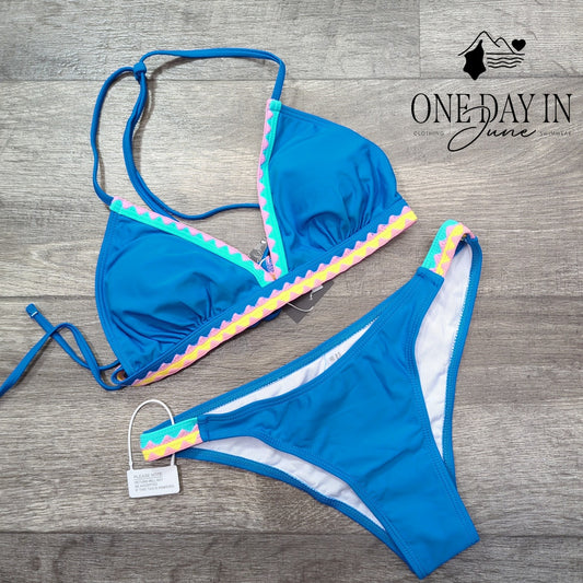 Bikinx Tie Back Triangle Bikini Swimsuit Blue Colorful Trim NWT Size S