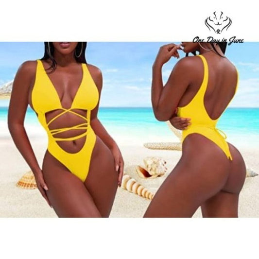 Sovoyontee One Piece Swimsuit Yellow Strappy Cutout Cheeky Plunge NWT Size XL
